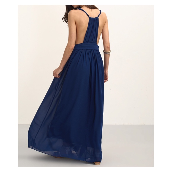 Blue Deep V Neck Chiffon Maxi Dress - Picture 5 of 5